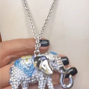 Fantasy Silver and Blue Elephant Pendant Necklace